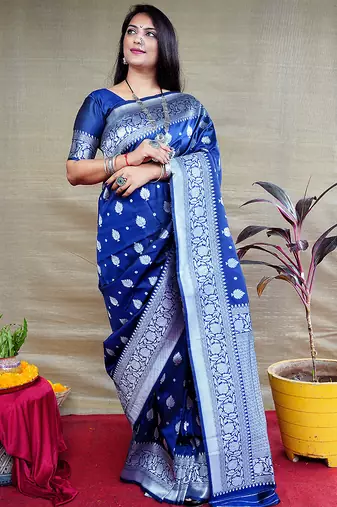 Navy blue woven banarasi silk blend saree with blouse
