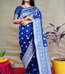 Navy blue woven banarasi silk blend saree with blouse