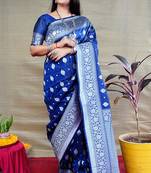 Navy blue woven banarasi silk blend saree with blouse