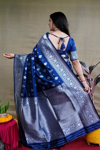 Navy blue woven banarasi silk blend saree with blouse