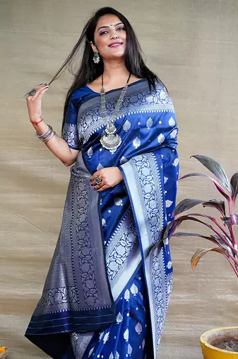 Navy blue woven banarasi silk blend saree with blouse