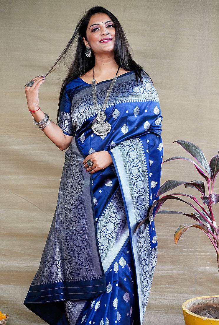 Navy blue woven banarasi silk blend saree with blouse