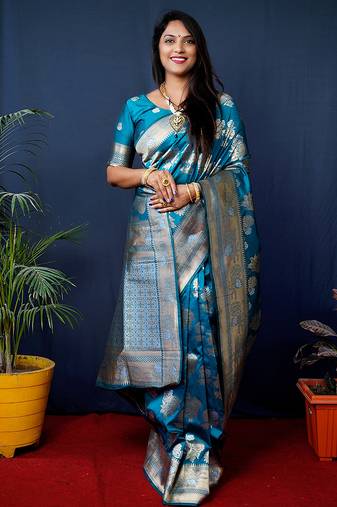 Teal blue woven banarasi silk blend saree with blouse