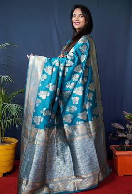 Teal blue woven banarasi silk blend saree with blouse 2
