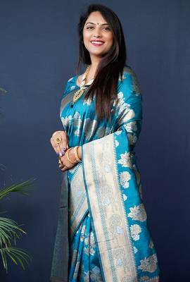 Teal blue woven banarasi silk blend saree with blouse 3