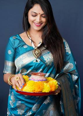 Teal blue woven banarasi silk blend saree with blouse 4