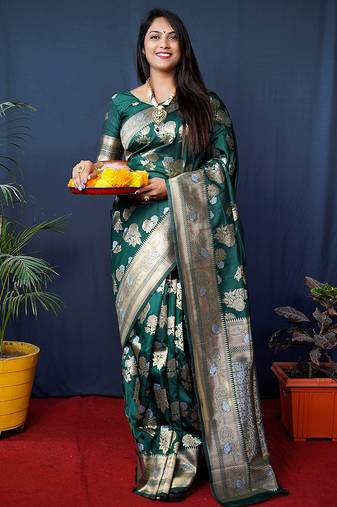 Dark green woven banarasi silk blend saree with blouse