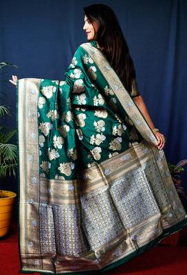 Dark green woven banarasi silk blend saree with blouse 2