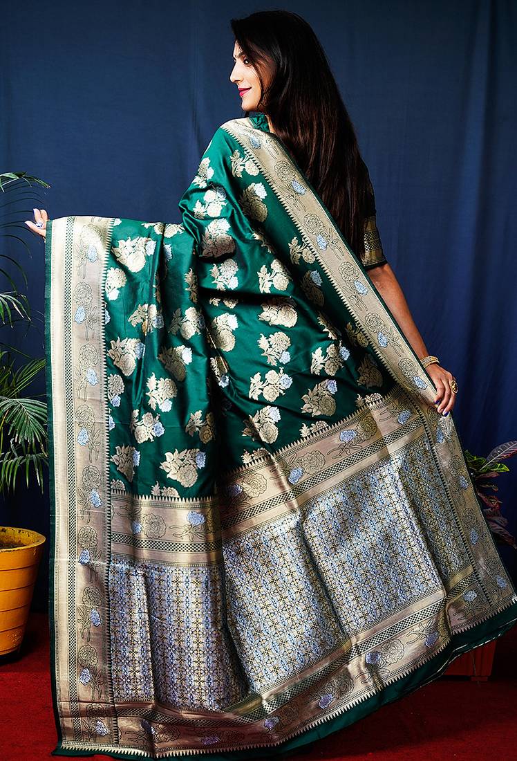Dark green woven banarasi silk blend saree with blouse
