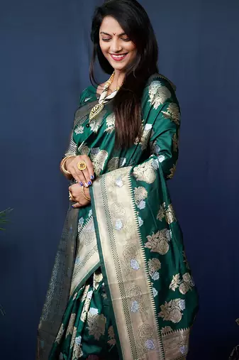 Dark green woven banarasi silk blend saree with blouse