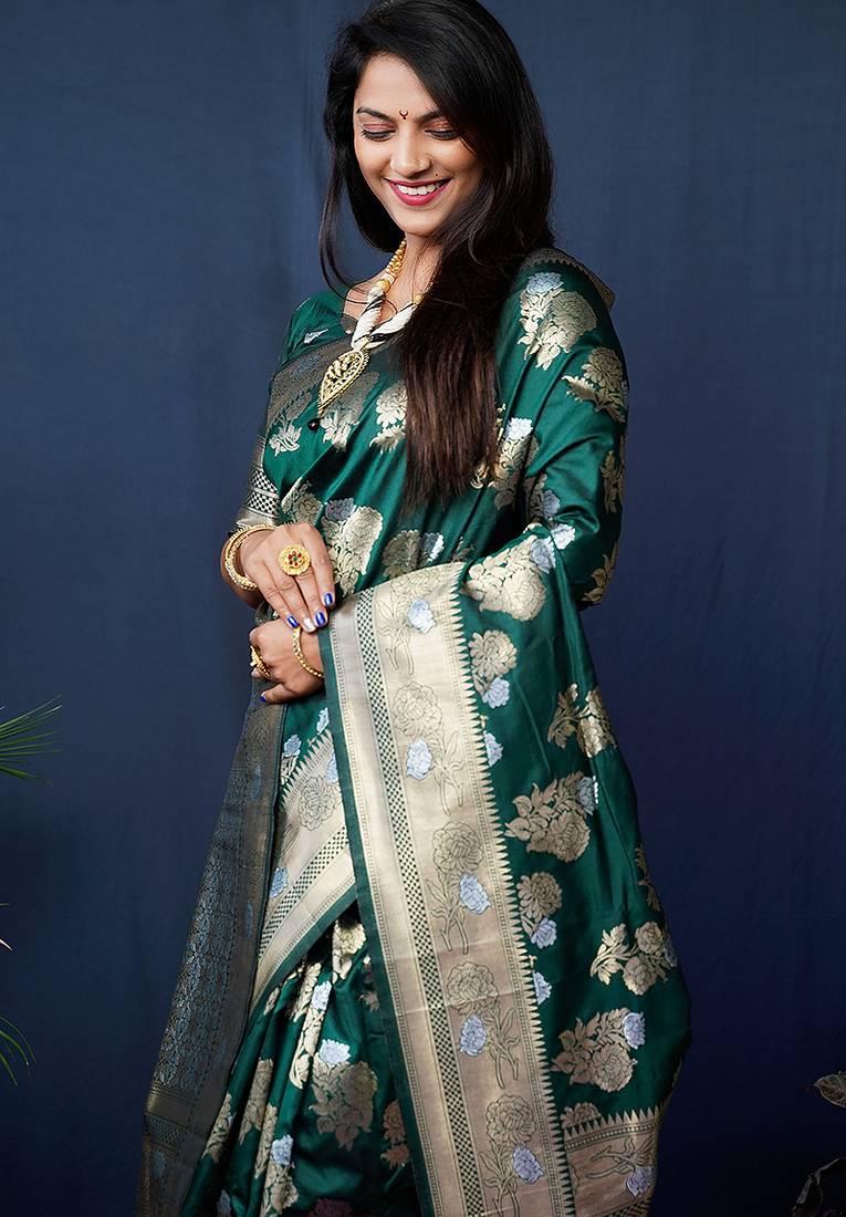 Dark green woven banarasi silk blend saree with blouse