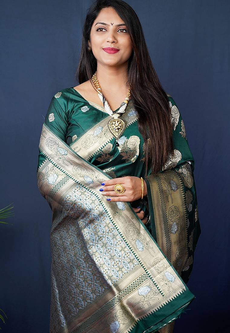 Dark green woven banarasi silk blend saree with blouse