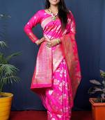 Rani pink woven banarasi silk blend saree with blouse
