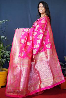 Rani pink woven banarasi silk blend saree with blouse 2