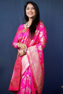 Rani pink woven banarasi silk blend saree with blouse 3