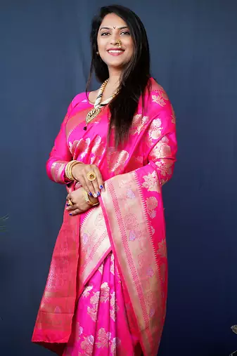 Rani pink woven banarasi silk blend saree with blouse