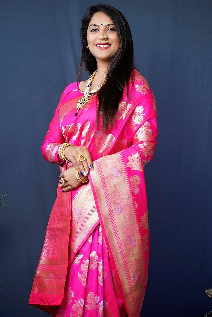 Rani pink woven banarasi silk blend saree with blouse