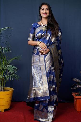 Navy blue woven banarasi silk blend saree with blouse