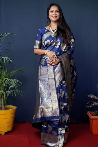 Navy blue woven banarasi silk blend saree with blouse