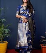Navy blue woven banarasi silk blend saree with blouse