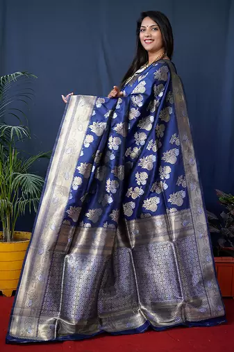 Navy blue woven banarasi silk blend saree with blouse
