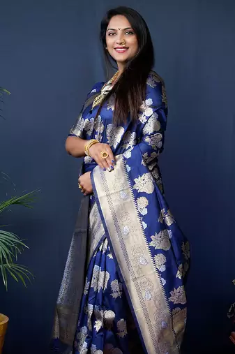 Navy blue woven banarasi silk blend saree with blouse