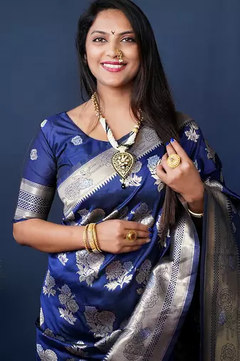 Navy blue woven banarasi silk blend saree with blouse