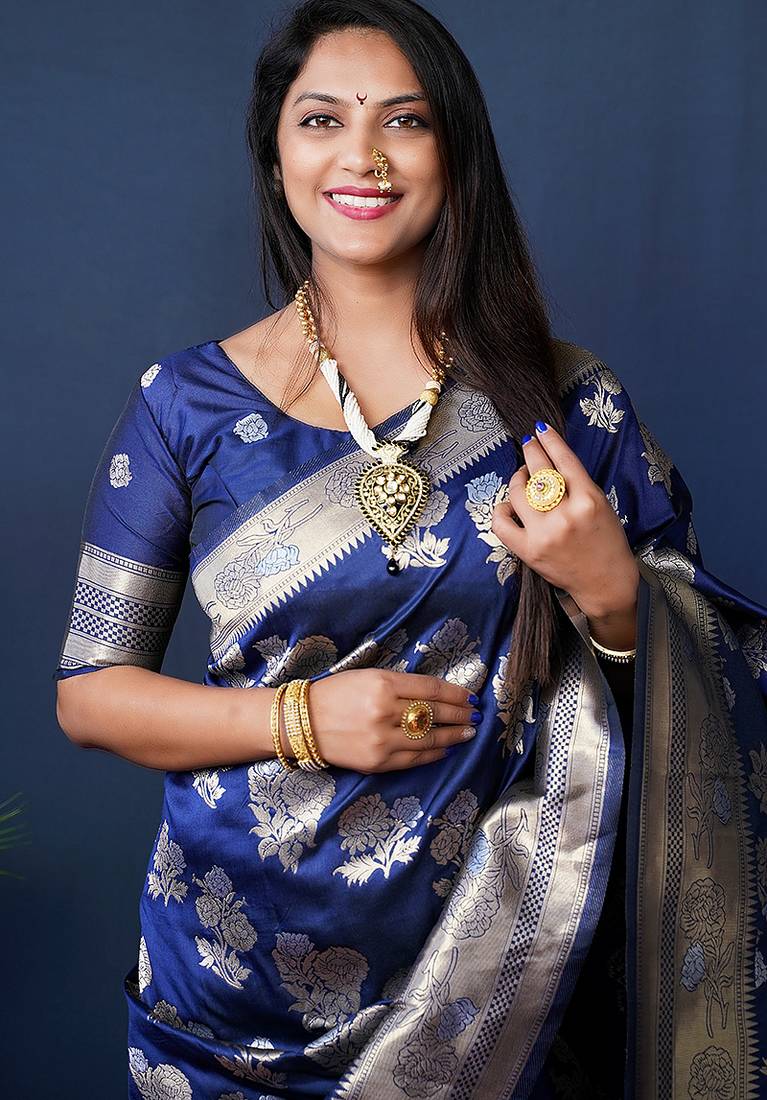 Navy blue woven banarasi silk blend saree with blouse