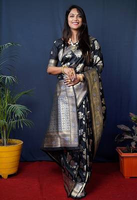 Black woven banarasi silk blend saree with blouse 1