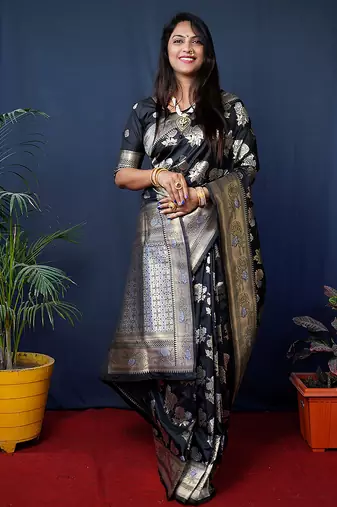 Black woven banarasi silk blend saree with blouse