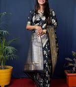 Black woven banarasi silk blend saree with blouse