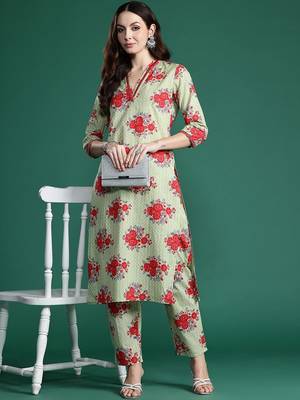 Floral Printed Mirror Work Pure Cotton Kurta with Trousers 1