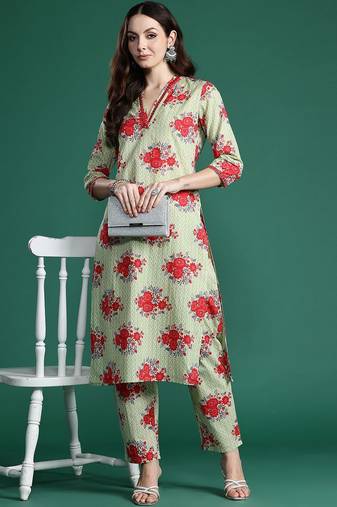 Floral Printed Mirror Work  Cotton Kurta with Trousers