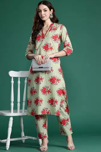 Floral Printed Mirror Work Pure Cotton Kurta with Trousers
