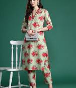 Floral Printed Mirror Work Pure Cotton Kurta with Trousers