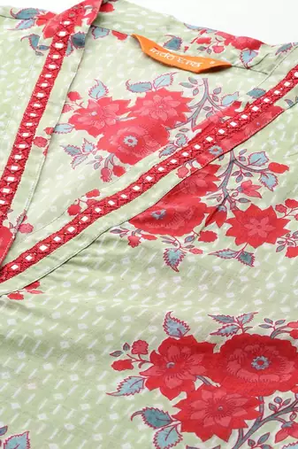 Floral Printed Mirror Work Pure Cotton Kurta with Trousers