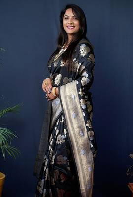 Black woven banarasi silk blend saree with blouse 2
