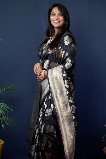 Black woven banarasi silk blend saree with blouse