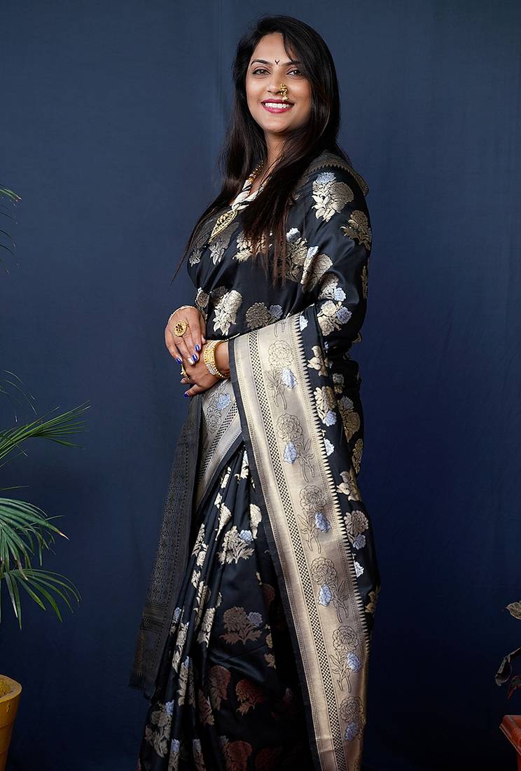 Black woven banarasi silk blend saree with blouse