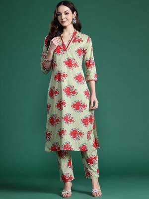 Floral Printed Mirror Work Pure Cotton Kurta with Trousers 4