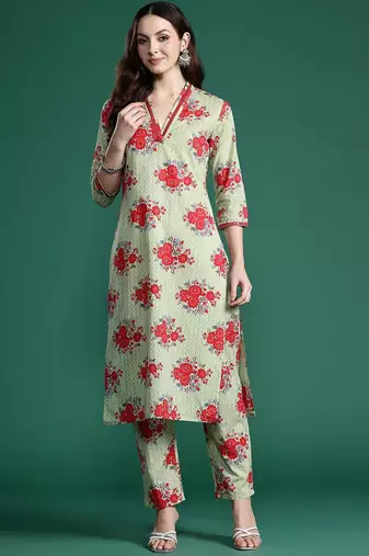 Floral Printed Mirror Work Pure Cotton Kurta with Trousers