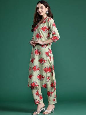 Floral Printed Mirror Work Pure Cotton Kurta with Trousers 5