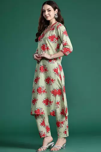 Floral Printed Mirror Work Pure Cotton Kurta with Trousers