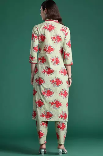 Floral Printed Mirror Work Pure Cotton Kurta with Trousers