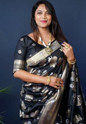 Black woven banarasi silk blend saree with blouse 3