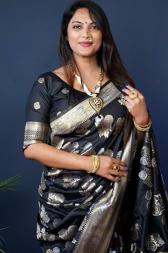 Black woven banarasi silk blend saree with blouse