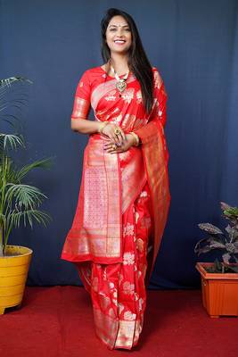 Red woven banarasi silk blend saree with blouse 1