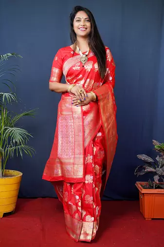 Red woven banarasi silk blend saree with blouse