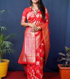 Red woven banarasi silk blend saree with blouse