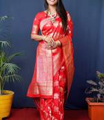 Red woven banarasi silk blend saree with blouse